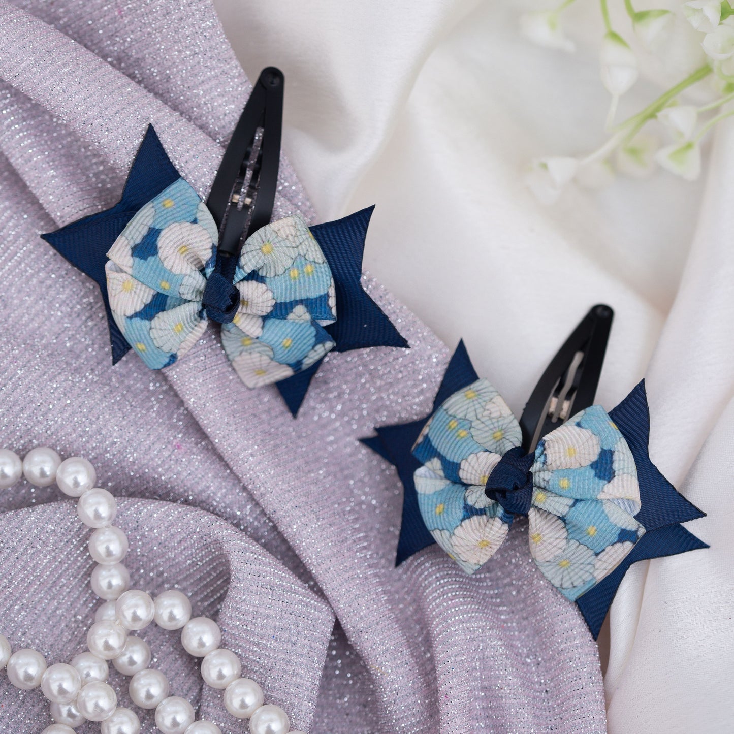 Ribbon Candy- Floral Printed Bow Tic- Tac pin- Blue