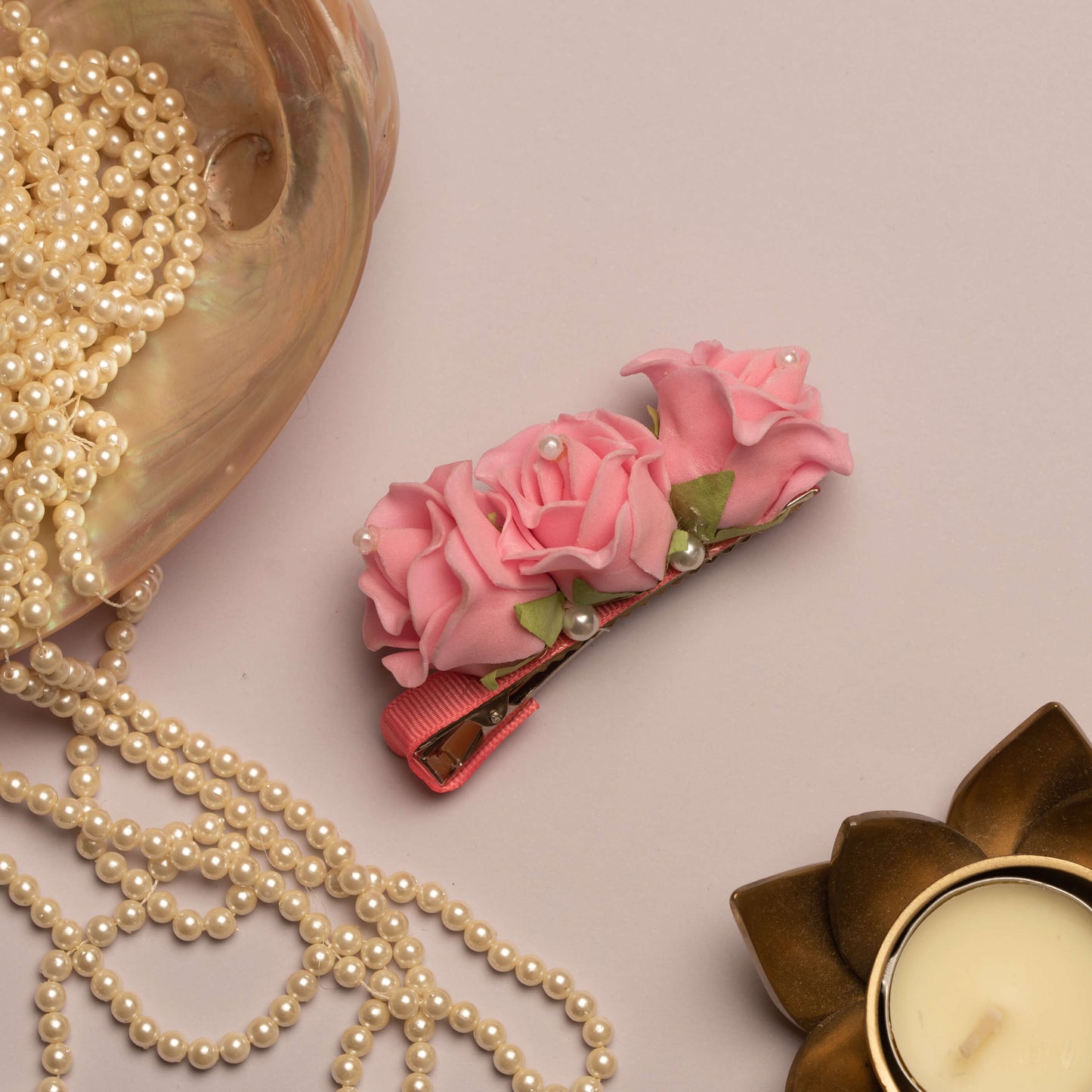 Ribbon Candy - Pearl Embellished Flowers on Alligator Hair Pin - Pink