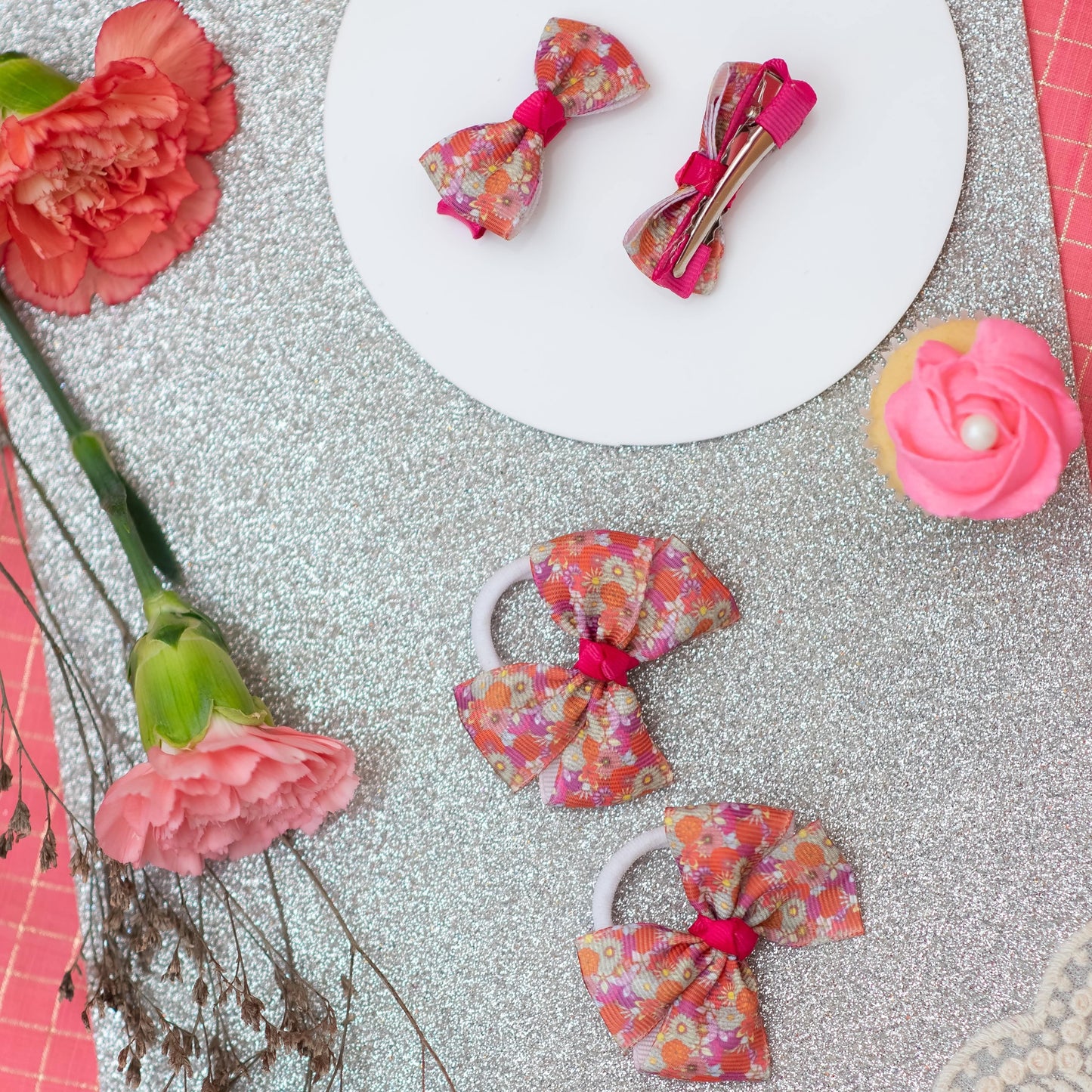 Floral printed bow on alligator clips and rubber bands- Multicolor (Set of 2 pairs- 4 quantity)