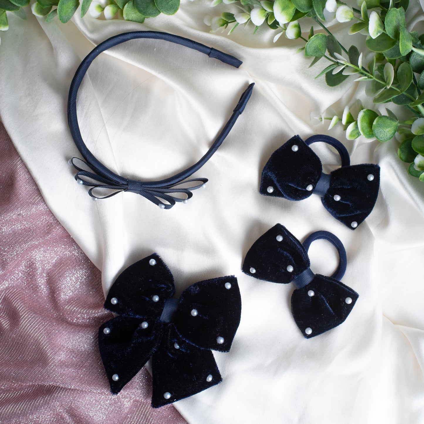 Ribbon Candy- 1 Velvet bow on aliigator clip , 1 pair rubberbands (2 nos) and 1 loopy hairband with pearl detail combo- Navy Blue
