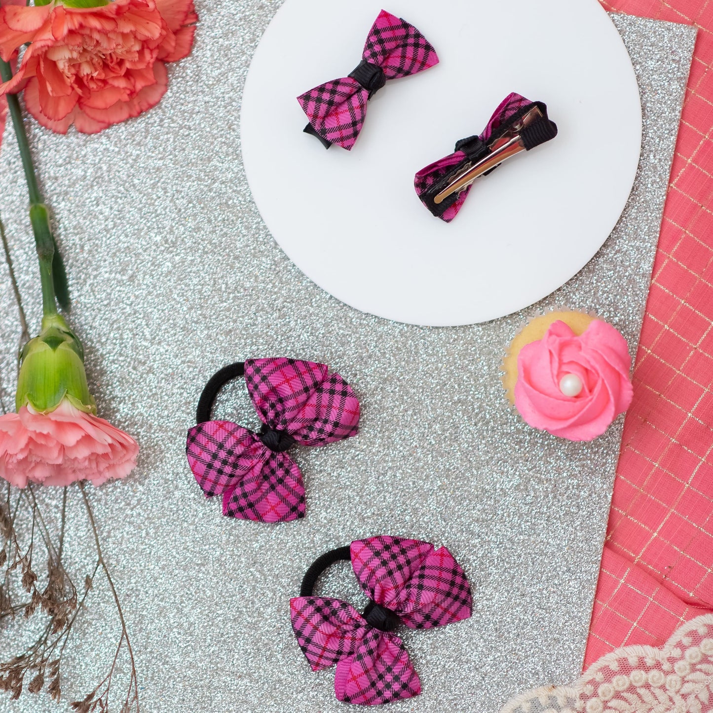 Checkered bow alligator clips and rubberbands- Purple (Set of 2 pairs - 4 quantity)