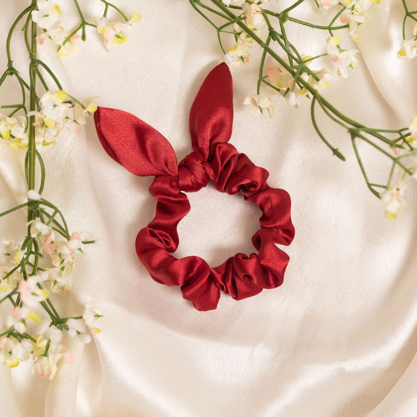 Ribbon Candy - Satin Scrunchie With Tie Knot Detail - Maroon