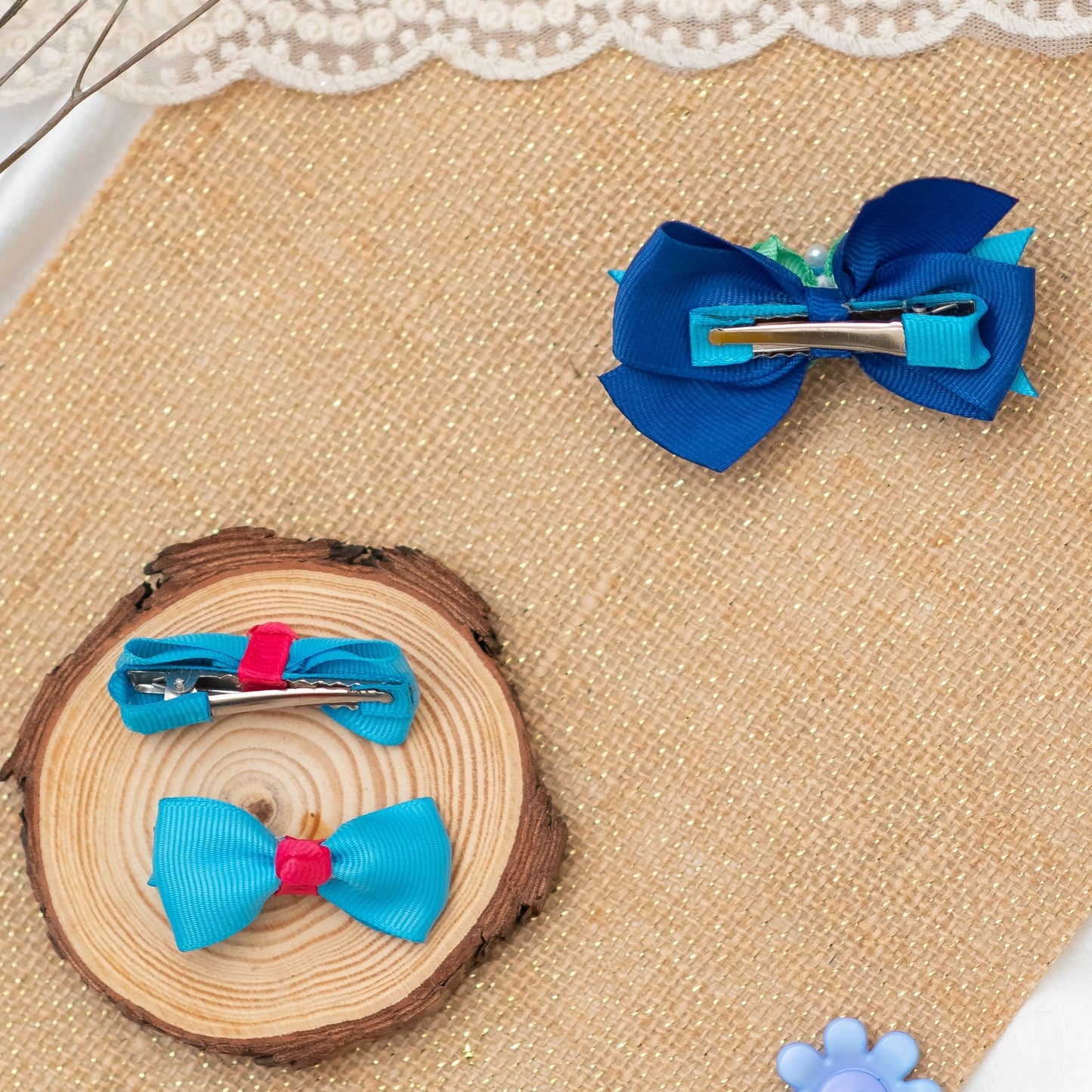 Cute & fancy bow with felt roses and pearls on alligator clip along with pair of pretty bow on alligator clips- Blue (Set of 1 pair and 1 single bow - 3 quantity)