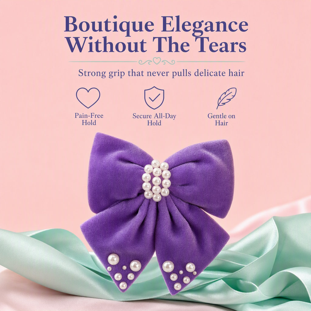 Velvet party bow on Alligator clip  embellished with pearls  - Purple
