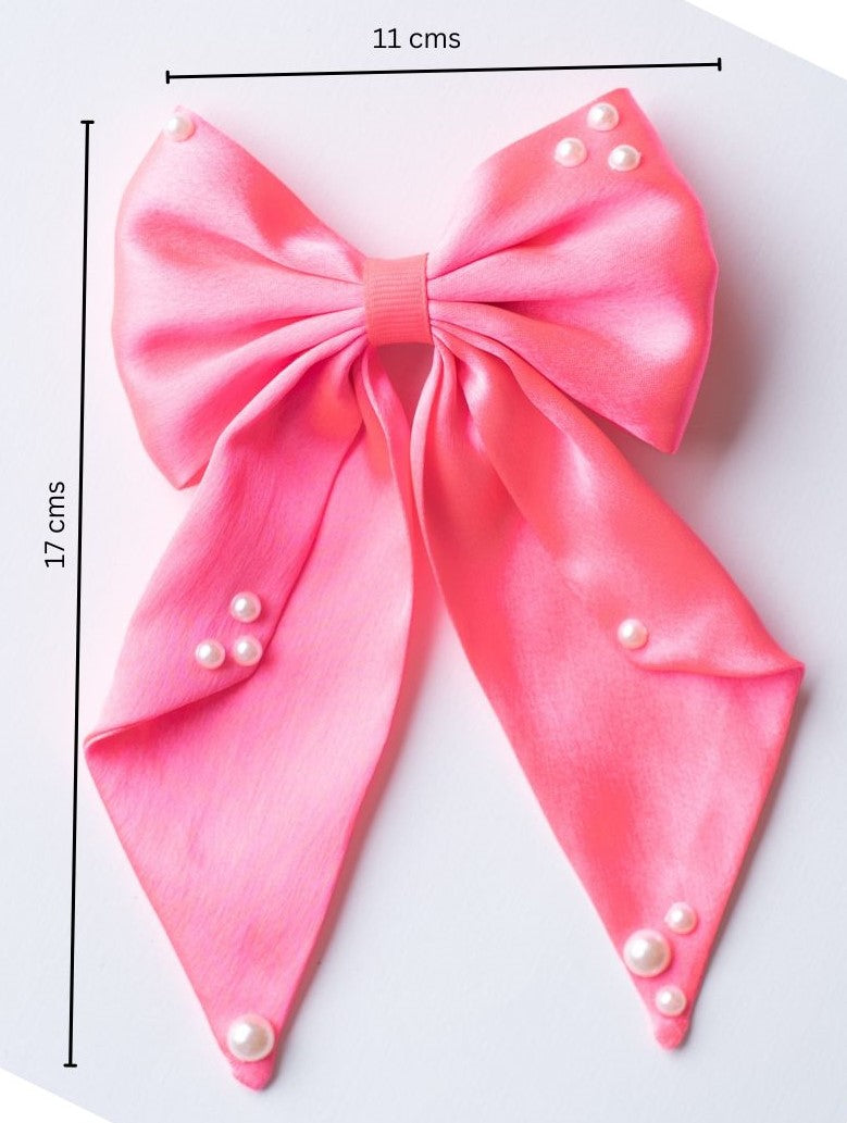 Big fancy satin bow on alligator clip embellished with pearls - Fluorescent Pink