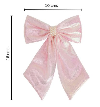 Shiny bow with pearls on alligator clip - Baby pink