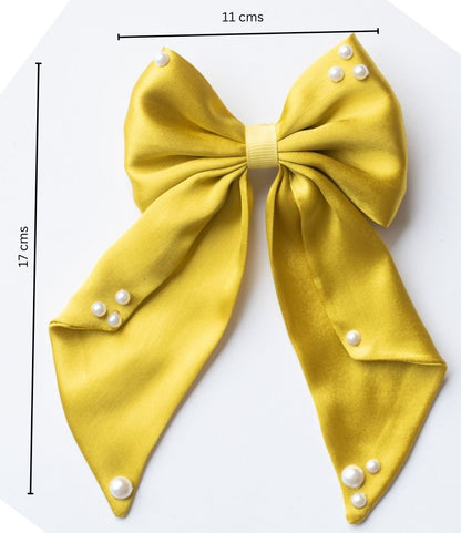 Big fancy satin bow on alligator clip embellished with pearls - Yellow