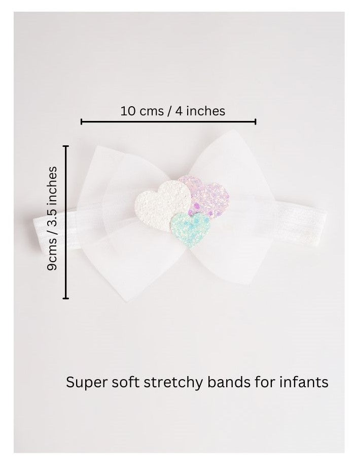 Soft net bow on super soft infant stretchy bands with glitter stars and heats - White