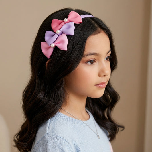 Cute Triple Grosgrain Ribbon Bow With Peal Detailed  Hairband.