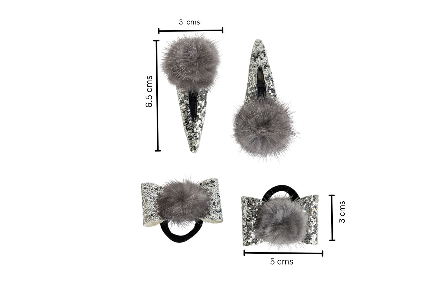 Combo: 1 Pair Cute Shiny Tic Tac Soft Pom Pom Pins & 1 Pair Matching Rubbebands with Bows - Silver, Grey