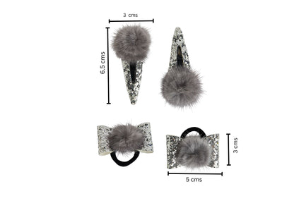 Combo: 1 Pair Cute Shiny Tic Tac Soft Pom Pom Pins & 1 Pair Matching Rubbebands with Bows - Silver, Grey
