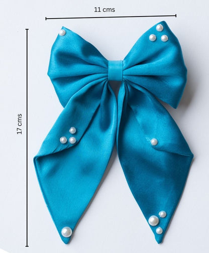 Big fancy satin bow on alligator clip embellished with pearls - Blue.