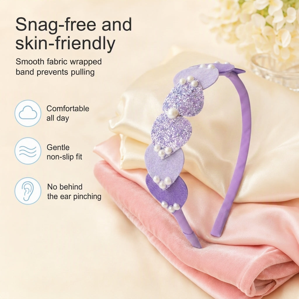 Dainty hairband with cascading hearts and pearl detailing -Purple