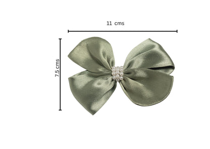 Pearl Detailed Cute Satin Bow on Alligator clip - Olive Green
