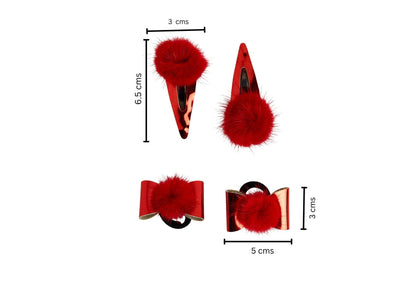 Combo Pair Cute Shiny Tic Tac Soft Pom Pom Pins & 1 Pair Matching Rubbebands with Bows - Red