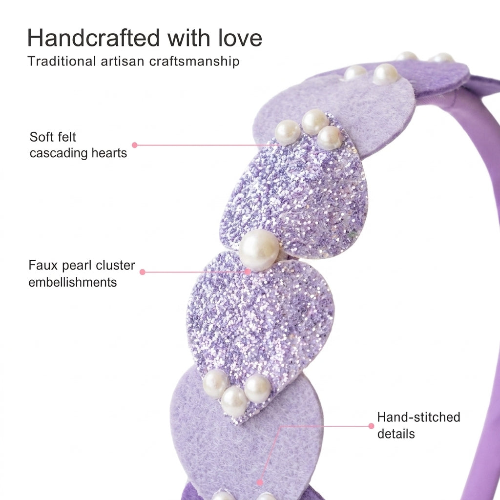 Dainty hairband with cascading hearts and pearl detailing -Purple
