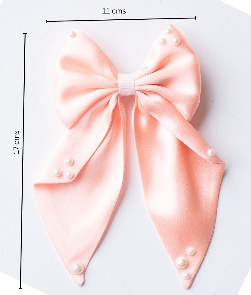 Big fancy satin bow on alligator clip embellished with pearls - Peach