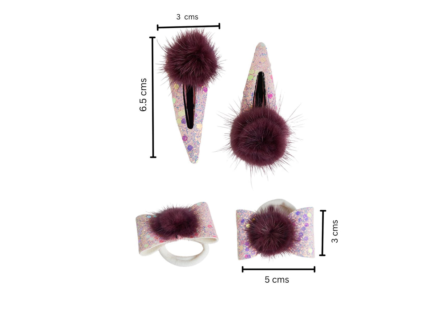 Combo: 1 Pair Cute Shiny Tic Tac Soft Pom Pom Pins & 1 Pair Matching Rubbebands with Bows - Magenta