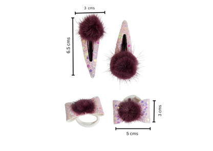 Combo: 1 Pair Cute Shiny Tic Tac Soft Pom Pom Pins & 1 Pair Matching Rubbebands with Bows - Magenta