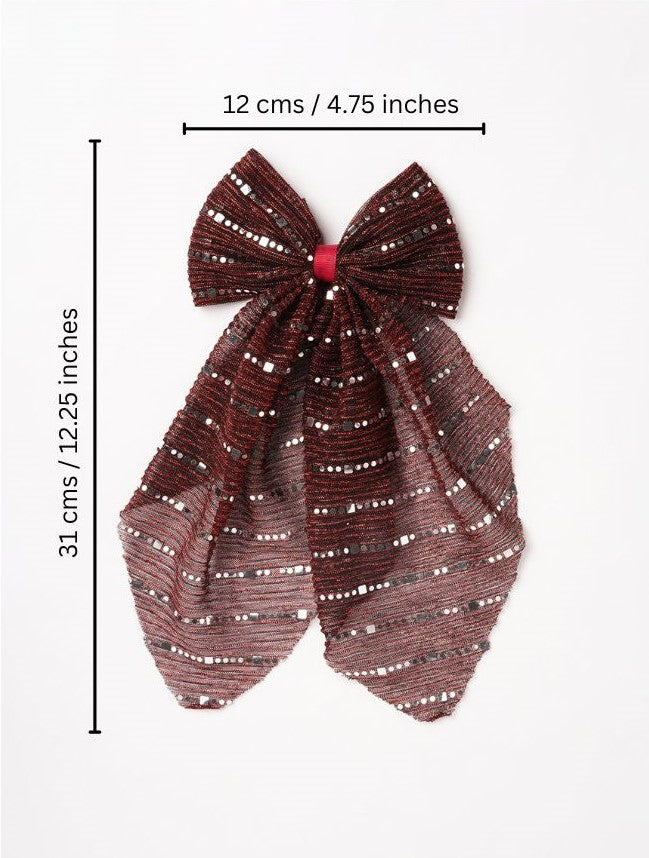 Stripe detailed Georgette Scarf on Alligator Clip - Maroon
