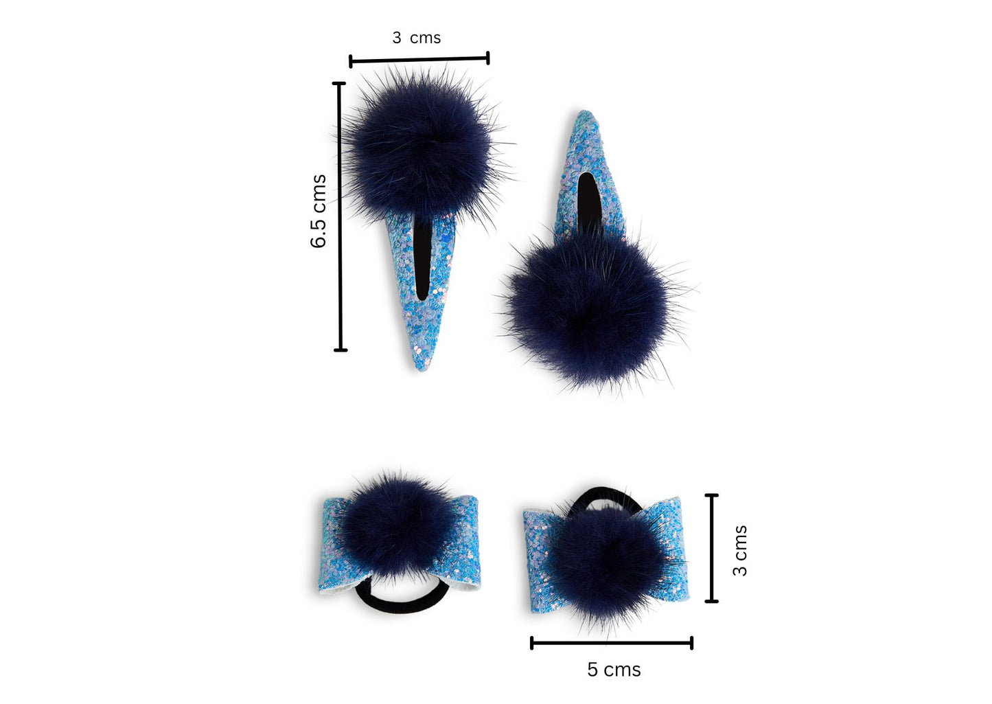 Combo: 1 Pair Cute Shiny Tic Tac Soft Pom Pom Pins & 1 Pair Matching Rubbebands with Bows - Blue
