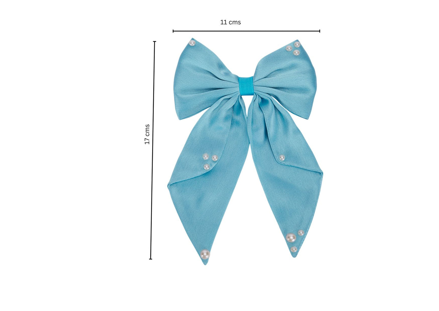 Big fancy satin bow on alligator clip embellished with pearls - Blue