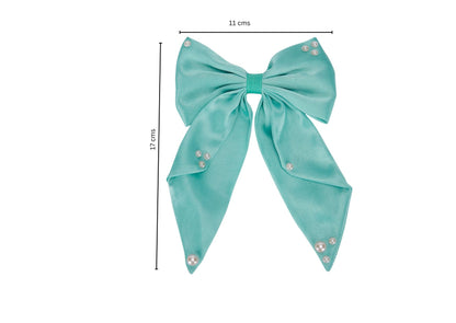 Big fancy satin bow on alligator clip embellished with pearls - Sea Green