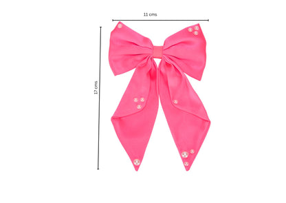 Big fancy satin bow on alligator clip embellished with pearls - Fluorescent pink