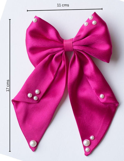Big fancy satin bow on alligator clip embellished with pearls - Dark Pink