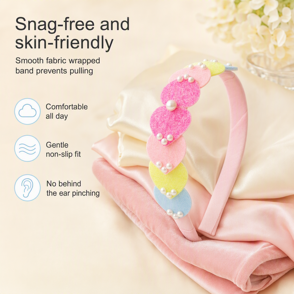 Dainty hairband with cascading hearts and pearl detailing -  Pink, Blue, Yellow