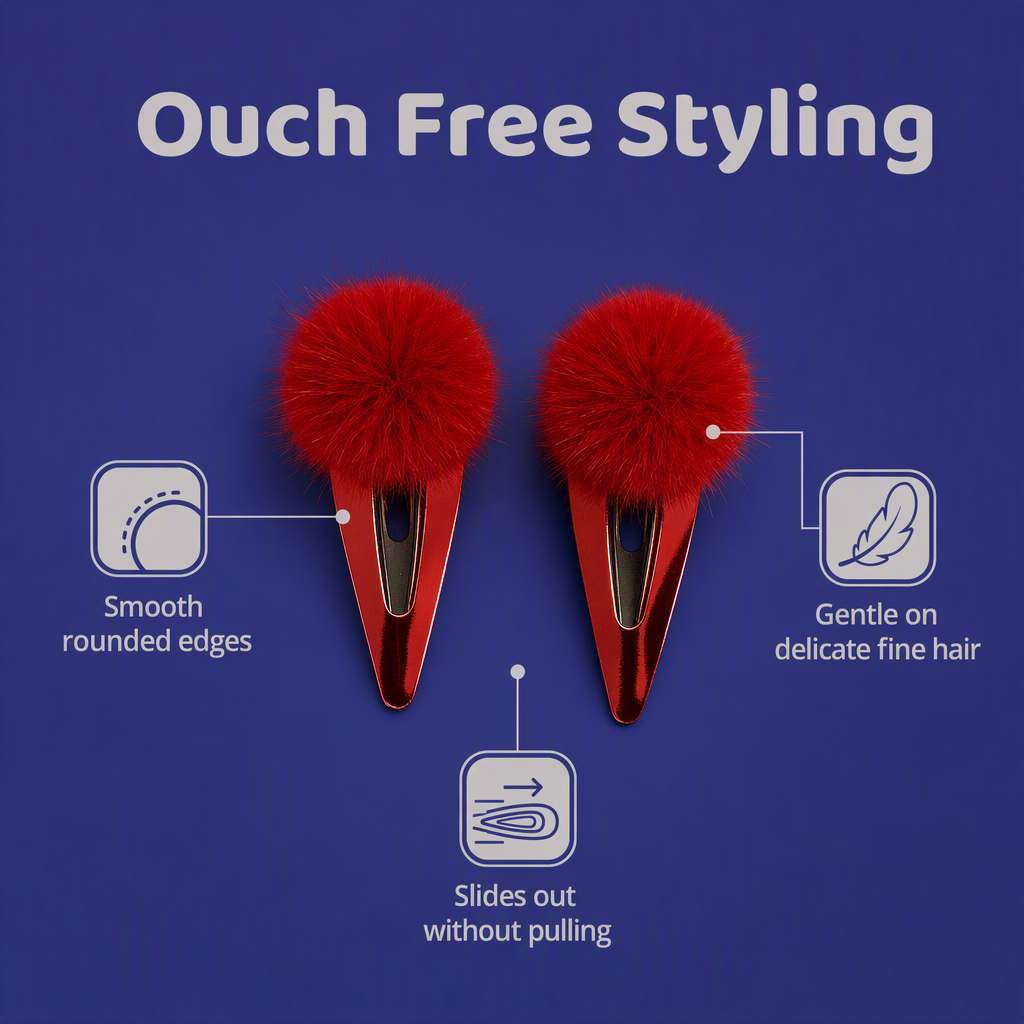 Combo Pair Cute Shiny Tic Tac Soft Pom Pom Pins & 1 Pair Matching Rubbebands with Bows - Red