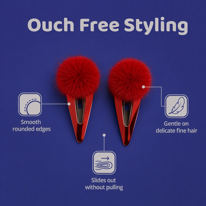 Combo Pair Cute Shiny Tic Tac Soft Pom Pom Pins & 1 Pair Matching Rubbebands with Bows - Red