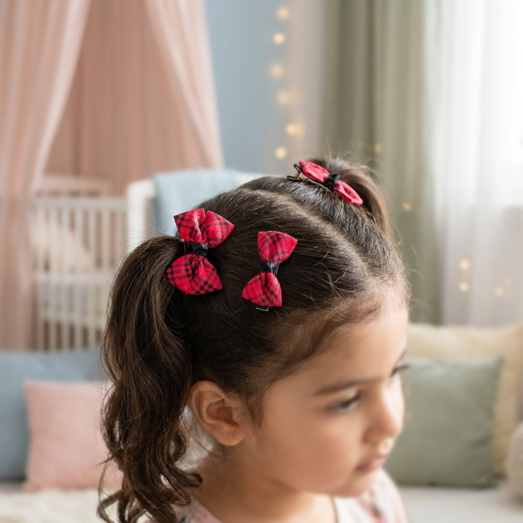 Combo: Christmas Checkered Bow Alligator Hair Clips And Hair Rubber Bands - Pink