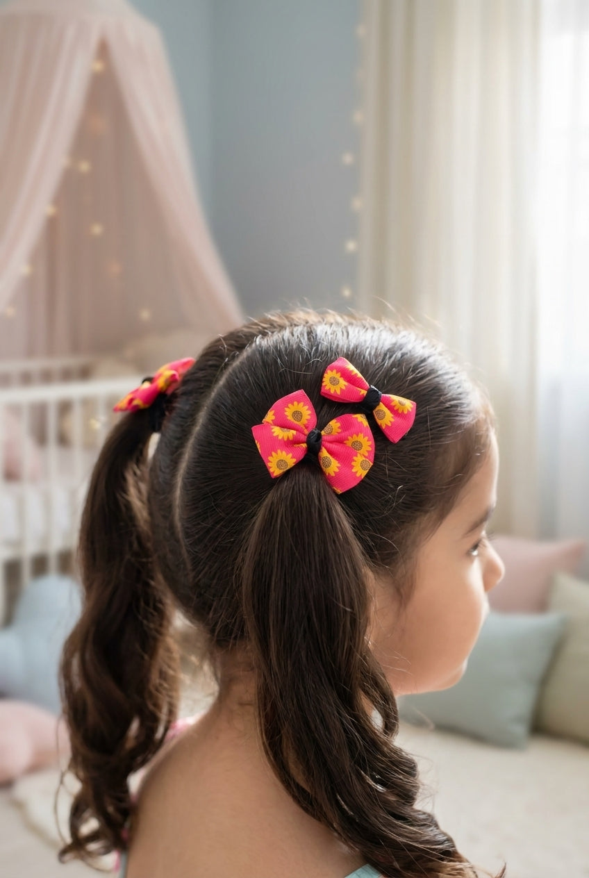 Floral printed bow on alligator clips and rubber bands- Pink