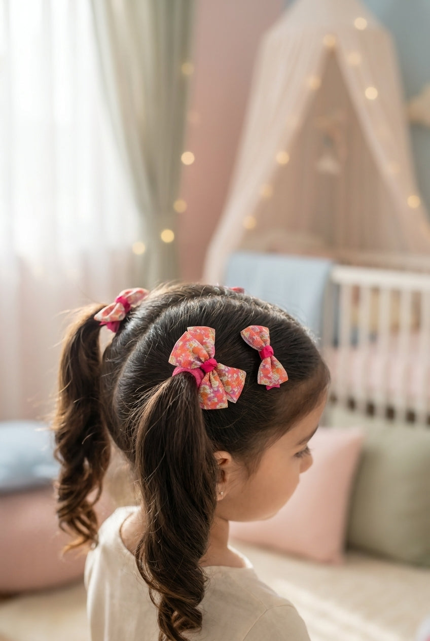Floral printed bow on alligator clips and rubber bands- Multicolor