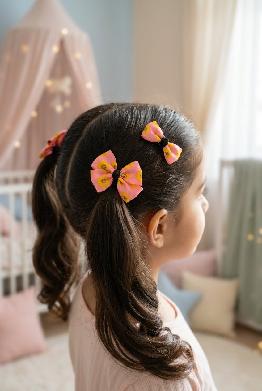 Floral printed bow on alligator clips and rubber bands- Peach