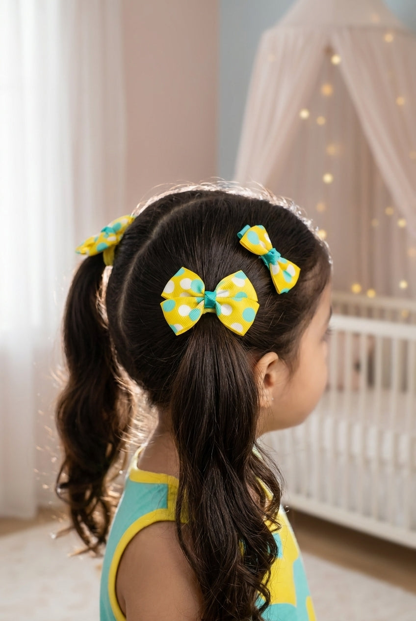 Dainty polkadotted bow on  alligator clips and rubberbands- Yellow