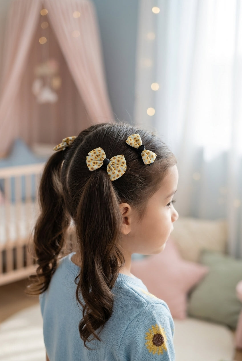 Floral printed bow on alligator clips and rubber bands- Multicolor