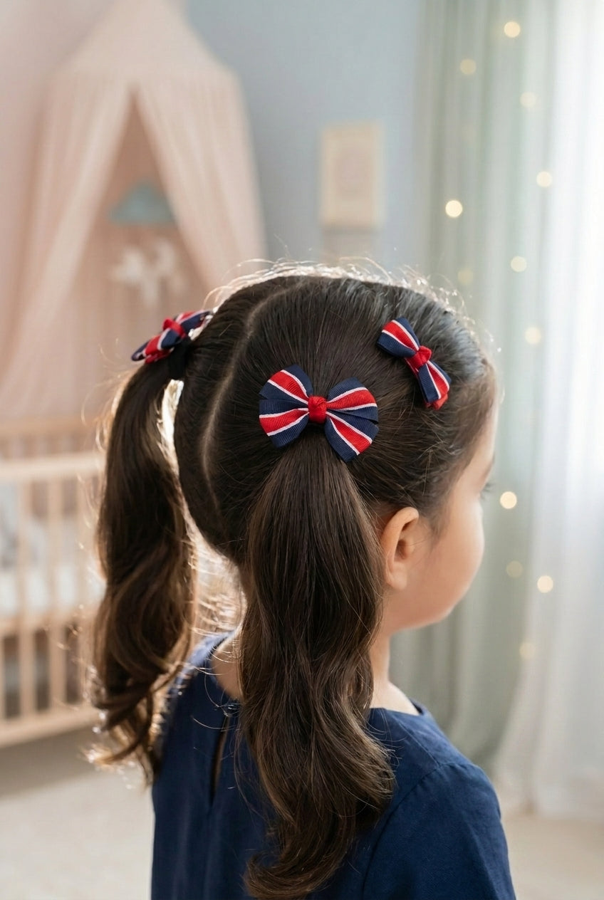Combo: Striped bow rubberbands and alligator clips- Blue and Red