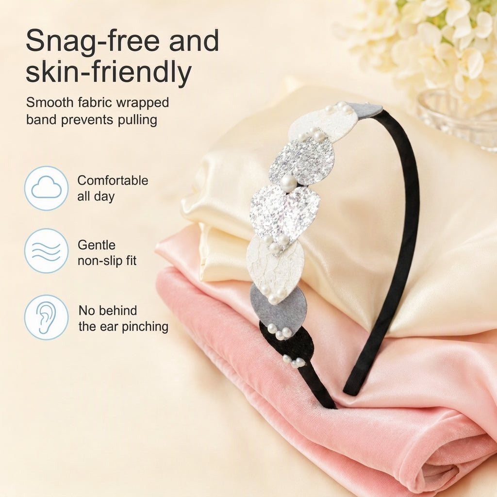 Dainty hairband with cascading hearts and pearl detailing - Black, Grey, White, Silver