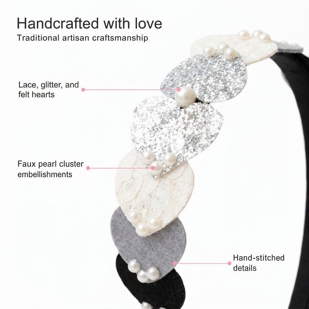 Dainty hairband with cascading hearts and pearl detailing - Black, Grey, White, Silver