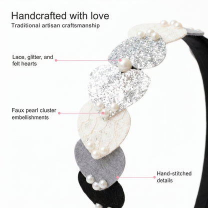 Dainty hairband with cascading hearts and pearl detailing - Black, Grey, White, Silver