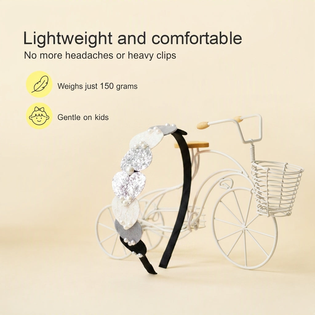 Dainty hairband with cascading hearts and pearl detailing - Black, Grey, White, Silver