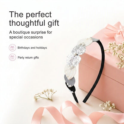 Dainty hairband with cascading hearts and pearl detailing - Black, Grey, White, Silver