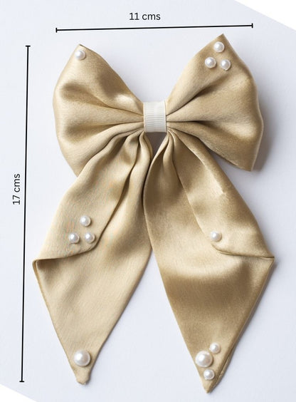 Big fancy satin bow on alligator clip embellished with pearls - Ivory