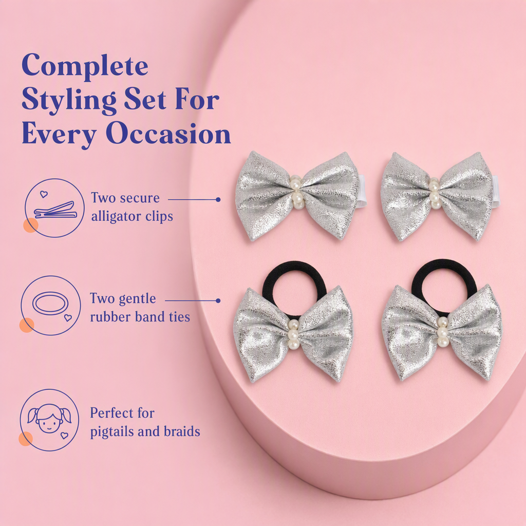 Shiny bow on alligator clips & rubberbands - Silver