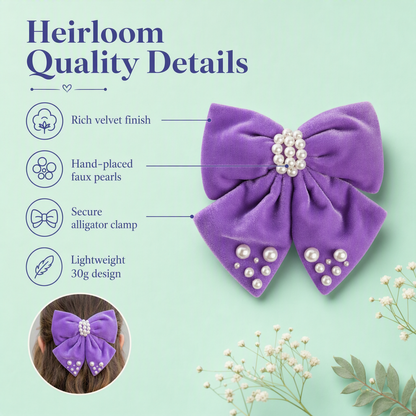Velvet party bow on Alligator clip  embellished with pearls  - Purple