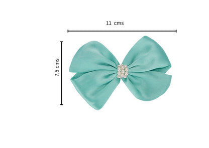 Pearl Detailed Cute Satin Bow on Alligator clip - Sea Green