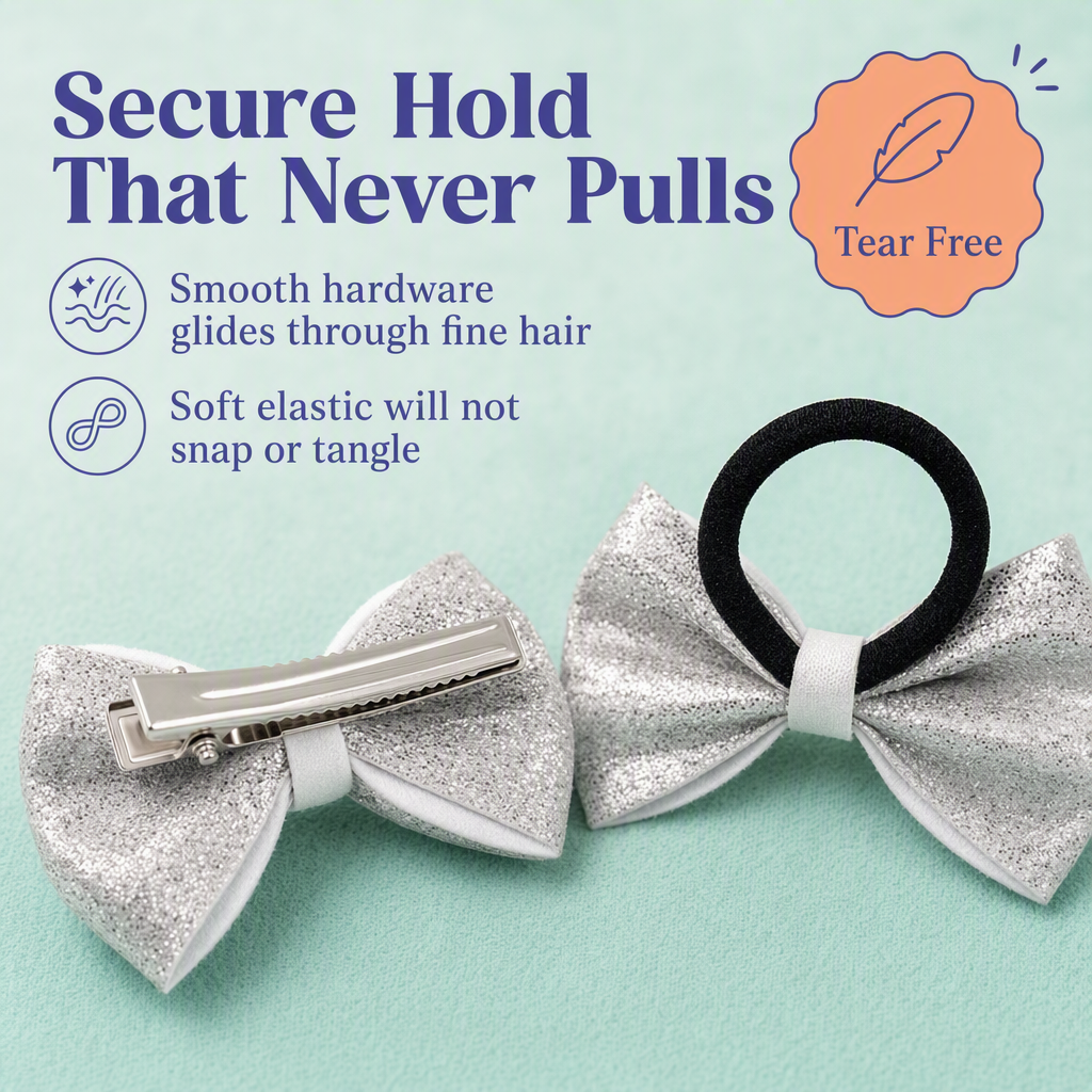 Shiny bow on alligator clips & rubberbands - Silver