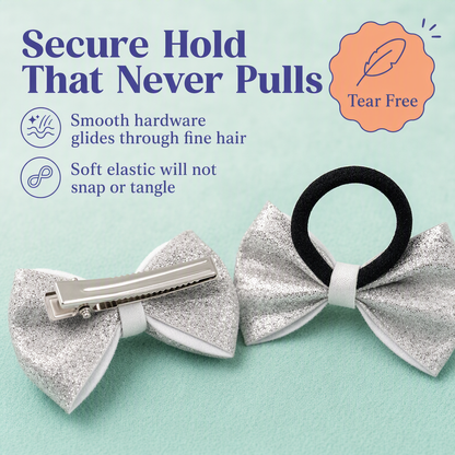 Shiny bow on alligator clips & rubberbands - Silver